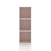 Front facing durable modern three-shelf slim light pink storage bookcase on a white background