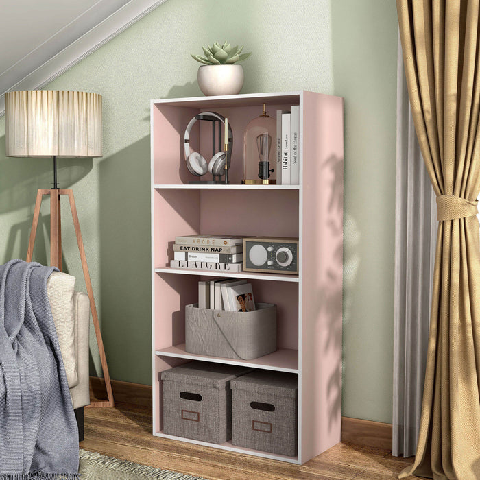 Left facing durable modern four-shelf light pink storage bookcase in a room with accessories