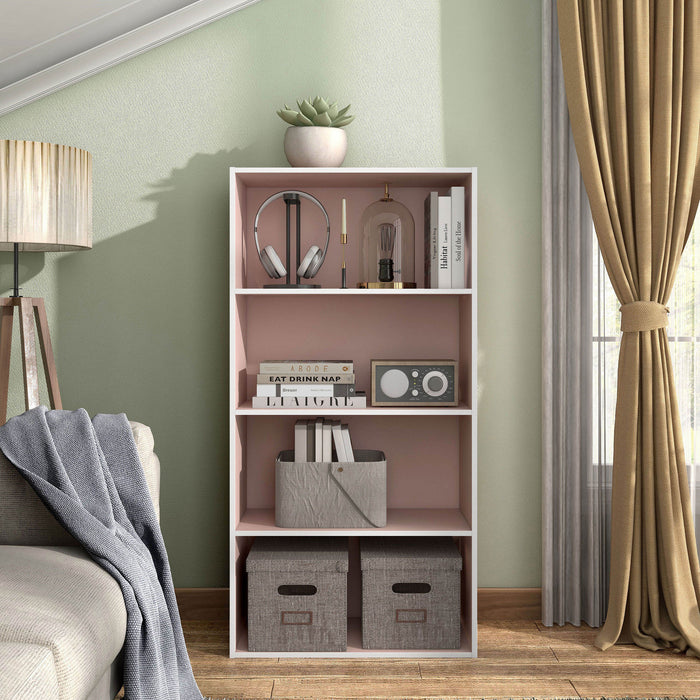 Front facing durable modern four-shelf light pink storage bookcase in a room with accessories