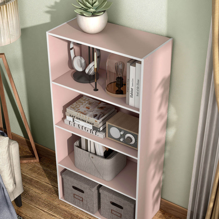 Left facing high-camera view of a durable modern four-shelf light pink storage bookcase in a room with accessories