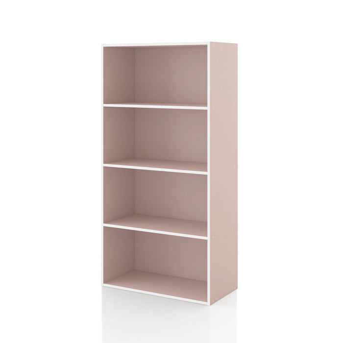 Left facing durable modern four-shelf light pink storage bookcase on a white background