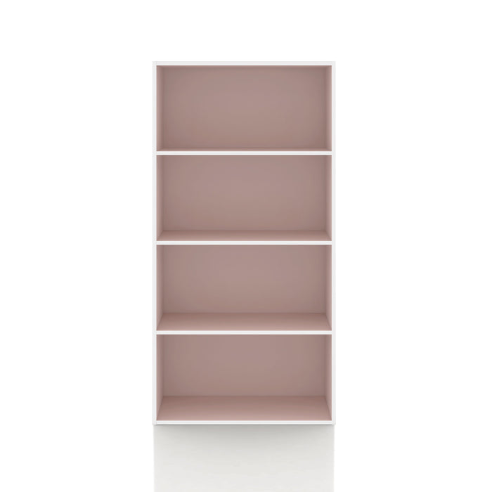 Front facing durable modern four-shelf light pink storage bookcase on a white background