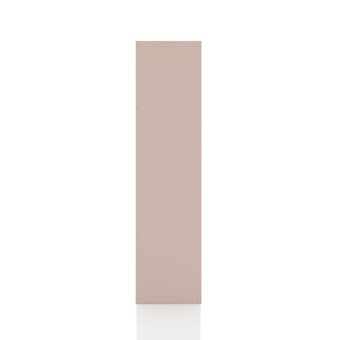 Front facing side view of a durable modern four-shelf light pink storage bookcase on a white background