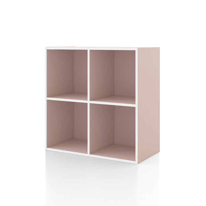 Left facing durable modern four-cubby light pink storage bookcase on a white background