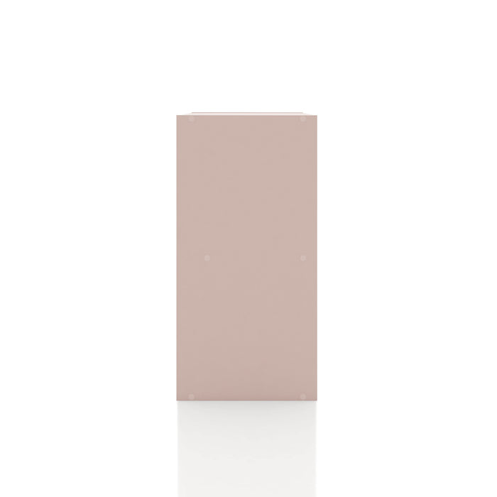 Front facing side view of a durable modern four-cubby light pink storage bookcase on a white background