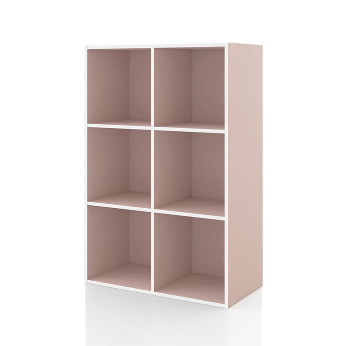 Left facing durable modern six-cubby light pink storage bookcase on a white background