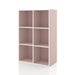 Left facing durable modern six-cubby light pink storage bookcase on a white background