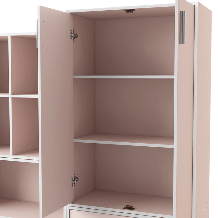 Left facing durable modern two-door light pink storage cabinet with silver handles and doors open as part of a larger modular configuration on a white background