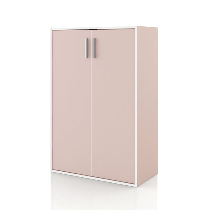 Left facing durable modern two-door light pink storage cabinet with silver handles on a white background