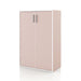 Left facing durable modern two-door light pink storage cabinet with silver handles on a white background