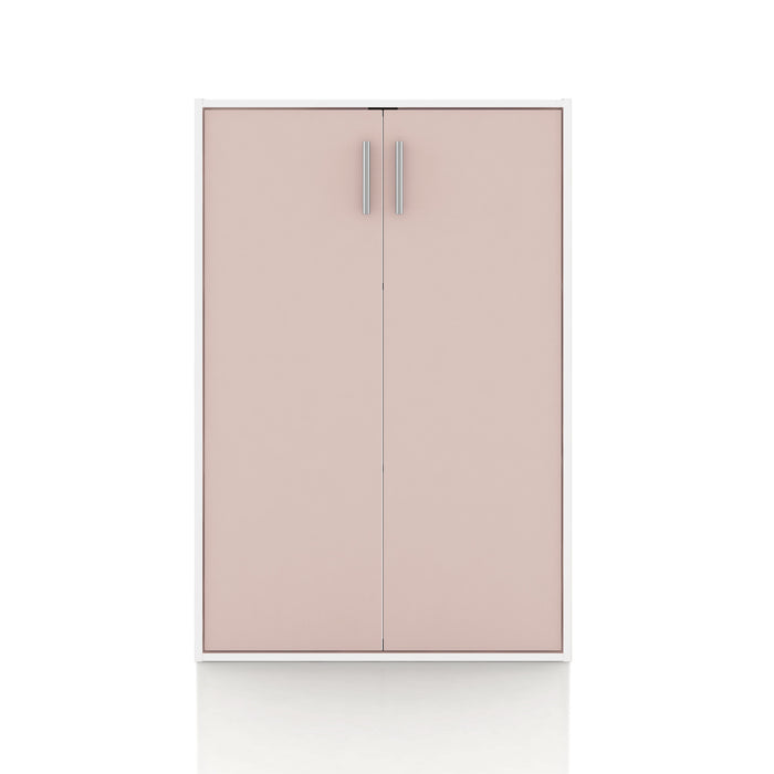 Front facing durable modern two-door light pink storage cabinet with silver handles on a white background