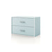 Left facing modern two-drawer light blue storage cabinet with silver handles on a white background