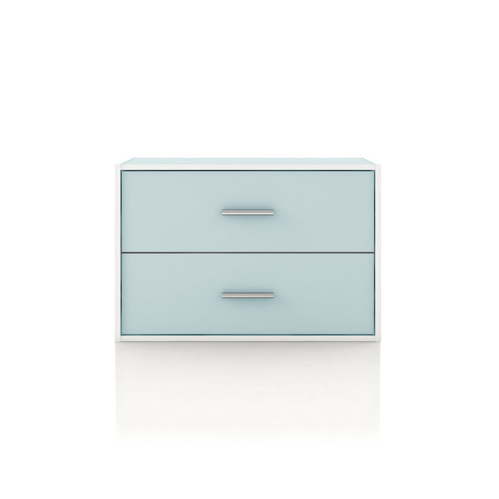 Front facing modern two-drawer light blue storage cabinet with silver handles on a white background