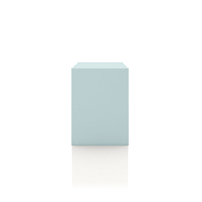 Front facing side view of a modern two-drawer light blue storage cabinet with silver handles on a white background