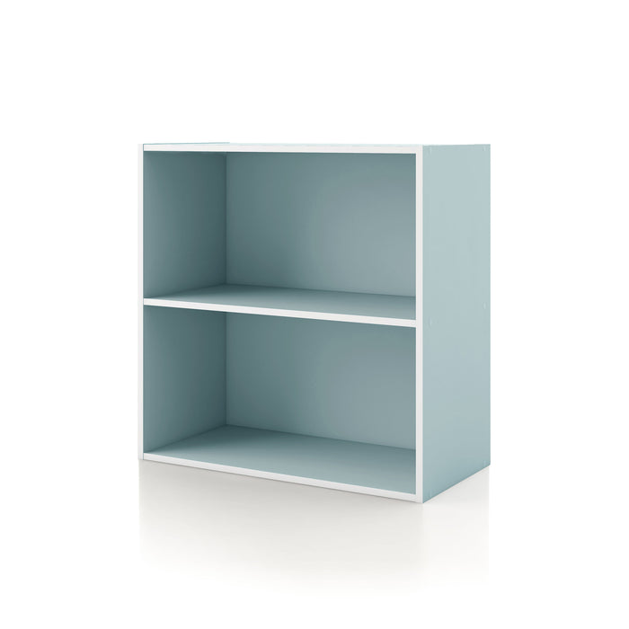 Left facing durable modern two-shelf light blue storage bookcase on a white background