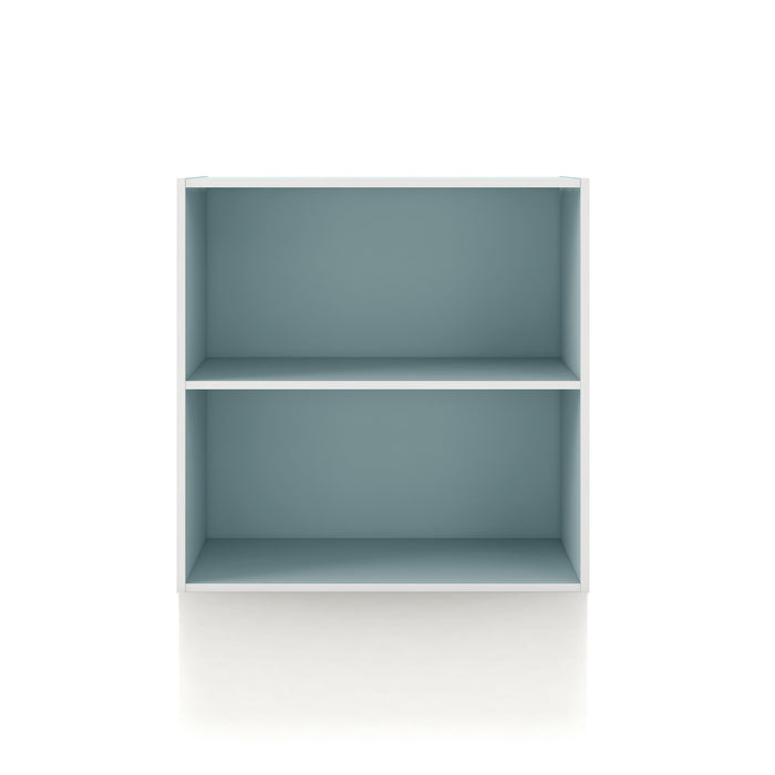 Front facing durable modern two-shelf light blue storage bookcase on a white background