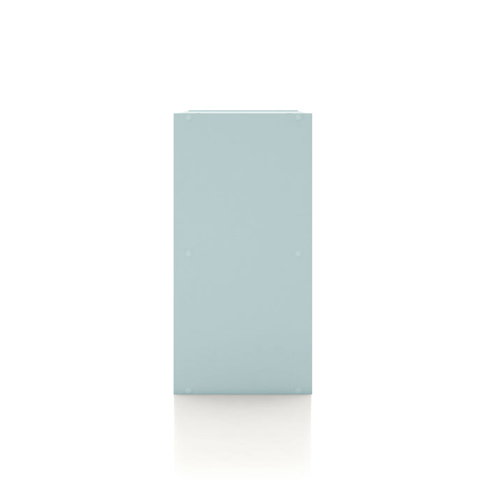 Front facing side view of a durable modern two-shelf light blue storage bookcase on a white background