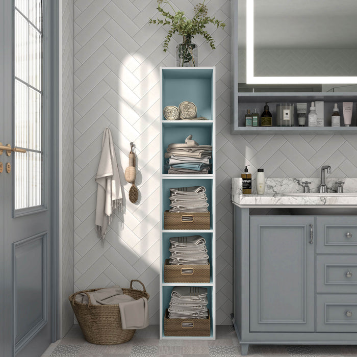 Front facing durable modern two-shelf slim light blue bookcase as part of a larger modular configuration in a room with accessories