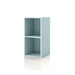 Left facing durable modern two-shelf slim light blue bookcase on a white background