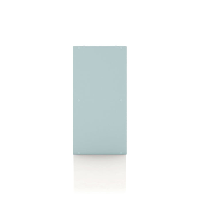 Front facing side view of a durable modern two-shelf slim light blue bookcase on a white background