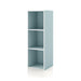 Left facing durable modern three-shelf slim light blue storage bookcase on a white background