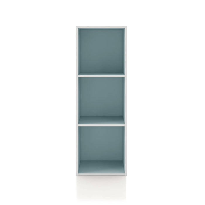 Front facing durable modern three-shelf slim light blue storage bookcase on a white background