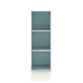 Front facing durable modern three-shelf slim light blue storage bookcase on a white background