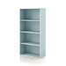 Left facing durable modern four-shelf light blue storage bookcase on a white background