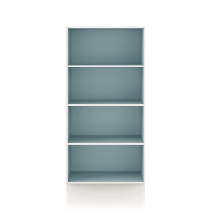 Front facing durable modern four-shelf light blue storage bookcase on a white background