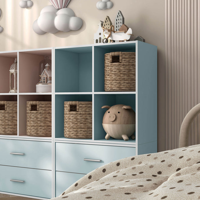 Left facing durable modern four-cubby light blue storage bookcase as part of a larger modular configuration in a room with accessories