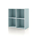 Left facing durable modern four-cubby light blue storage bookcase on a white background