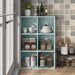 Front facing durable modern six-cubby light blue storage bookcase in a room with accessories