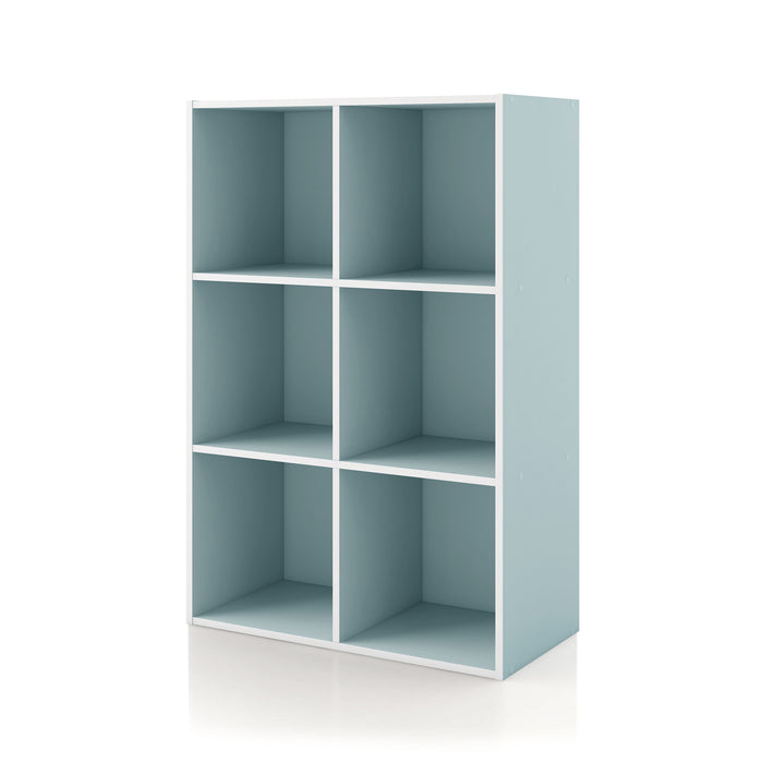 Left facing durable modern six-cubby light blue storage bookcase on a white background