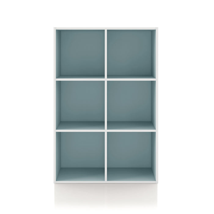 Front facing durable modern six-cubby light blue storage bookcase on a white background