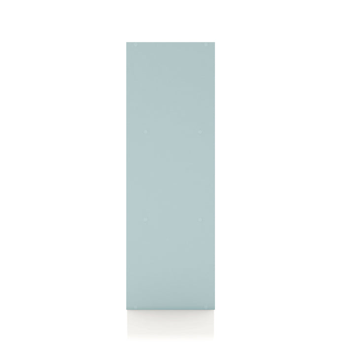 Front facing side view of a durable modern six-cubby light blue storage bookcase on a white background