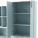 Left facing durable modern two-door light blue storage cabinet with silver handles and doors open as part of a larger modular configuration on a white background