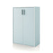 Left facing durable modern two-door light blue storage cabinet with silver handles on a white background