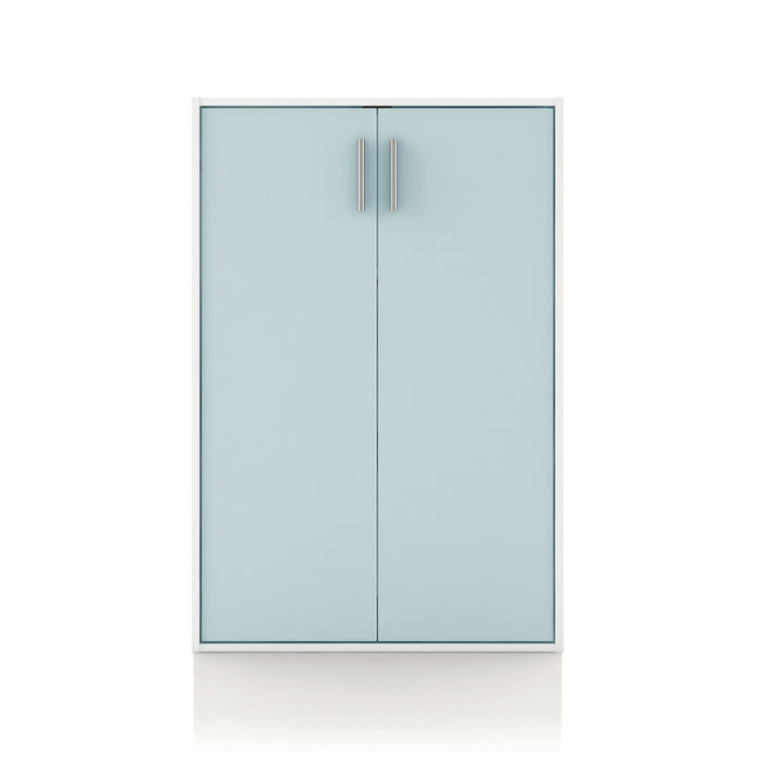 Front facing durable modern two-door light blue storage cabinet with silver handles on a white background