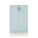 Front facing durable modern two-door light blue storage cabinet with silver handles on a white background