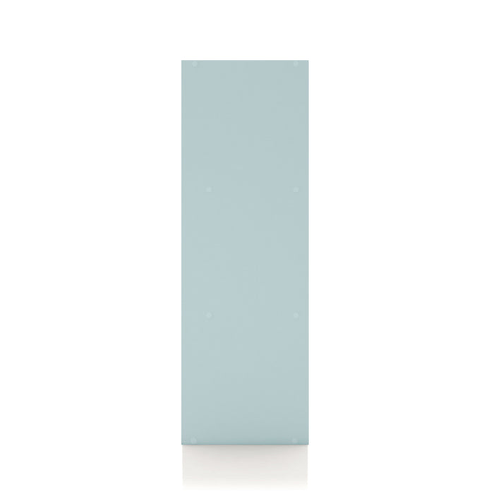 Front facing side view of a durable modern two-door light blue storage cabinet with silver handles on a white background