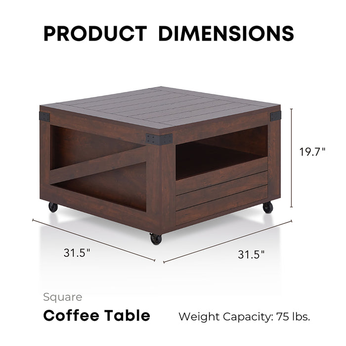 Shelley Vintage Walnut Plank-Style Multi-Storage Mobile Coffee Table