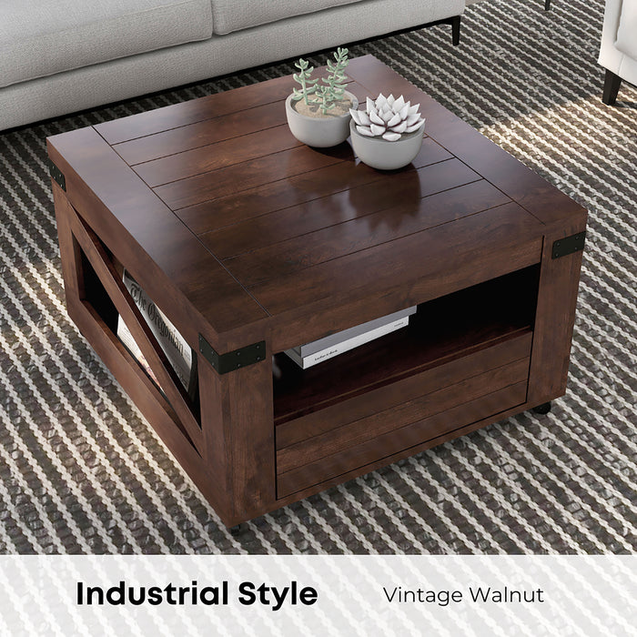 Shelley Vintage Walnut Plank-Style Multi-Storage Mobile Coffee Table