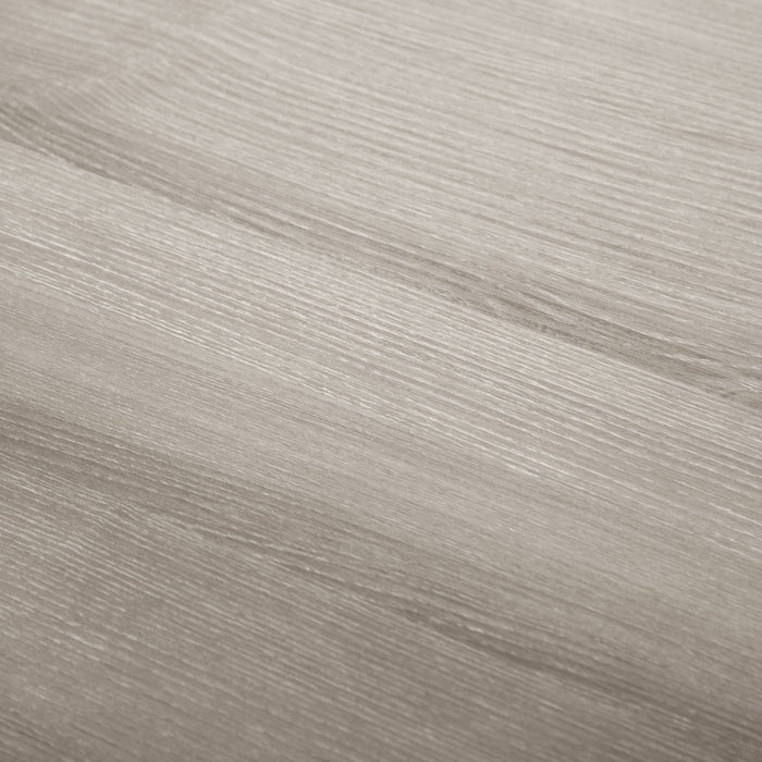 Close up view of the natural wood grain finish of a durable modern engineered wood rectangular dining table