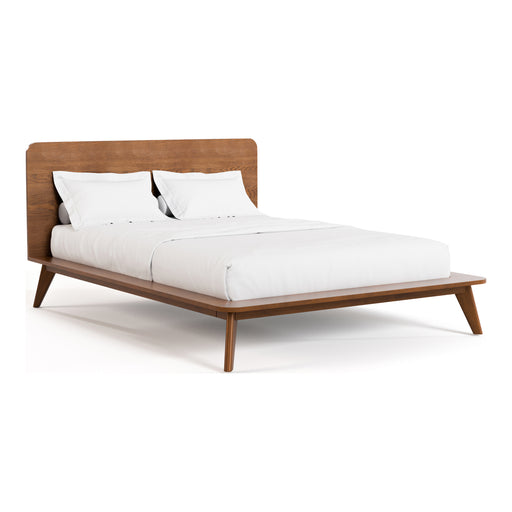 Right facing mid-century modern walnut finish rounded corner queen bed on a white background