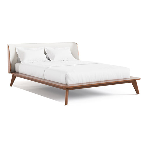 Right facing mid-century modern walnut and beige boucle wingback queen bed on a white background