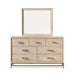 Front facing transitional light oak seven-drawer dresser and mirror with a metal base, on a white background