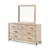 Left facing transitional light oak seven-drawer dresser and mirror with a metal base on a white background