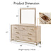 Informational image of a left facing transitional light oak seven-drawer dresser and mirror with a metal base overlaid with product dimensions, on a white background