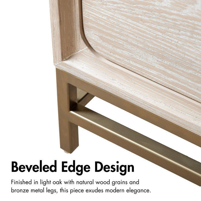 Informational image of the beveled edge design of a transitional light oak seven-drawer dresser and mirror with a metal base