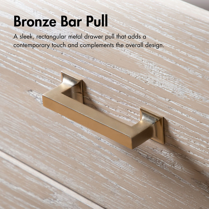 Informational image of the bronze bar pull of a transitional light oak seven-drawer dresser and mirror with a metal base